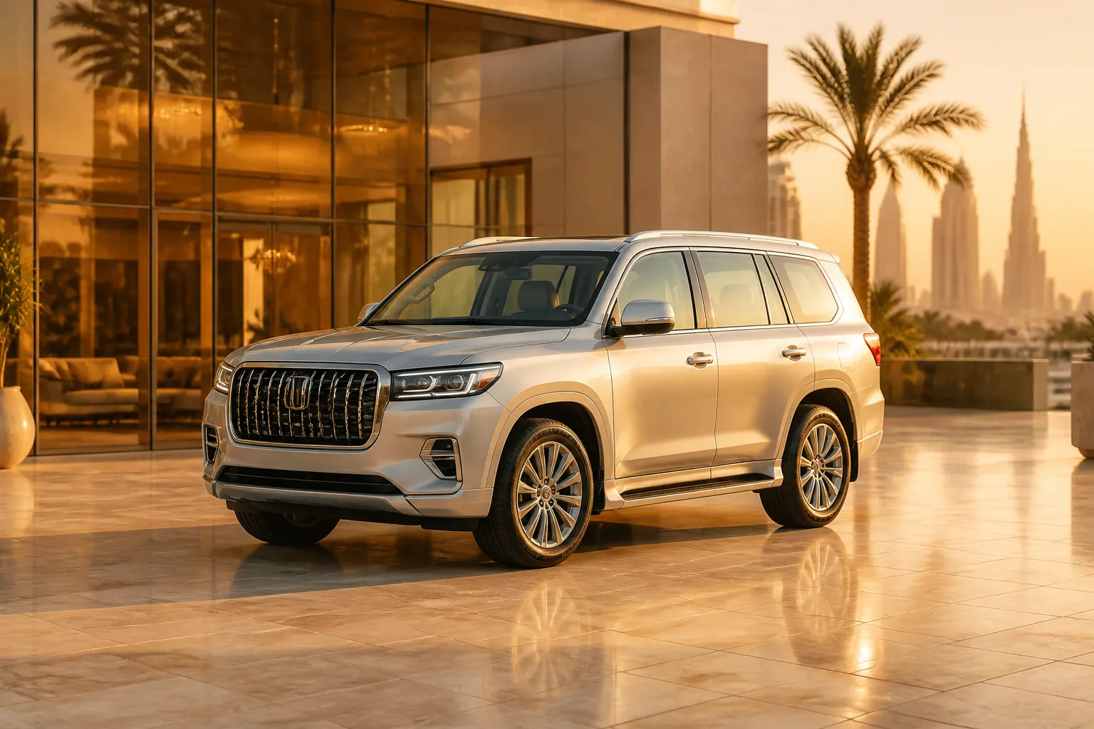 Premium SUV in a UAE car showroom, warm golden afternoon light