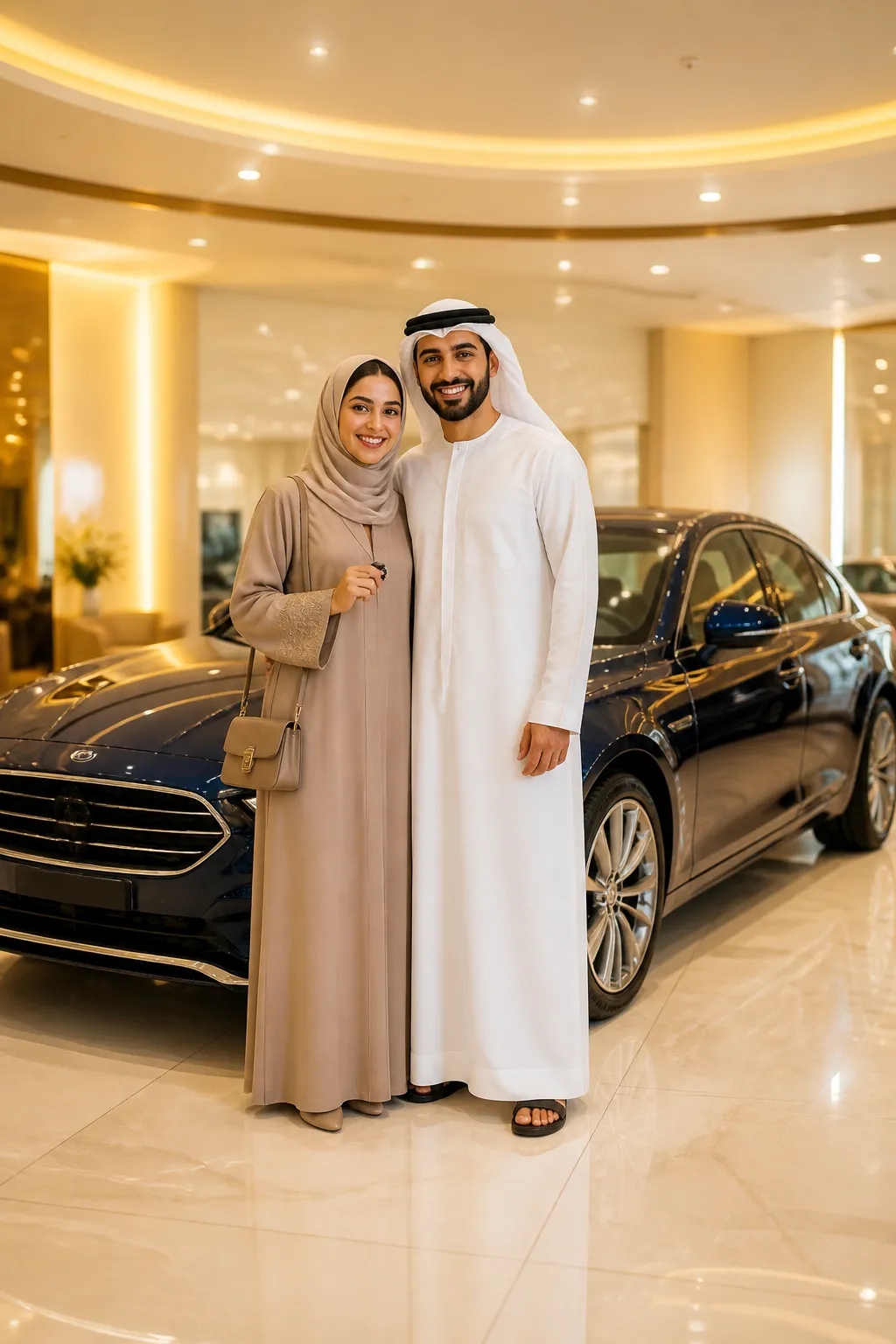 Happy couple beside their new car in a UAE showroom