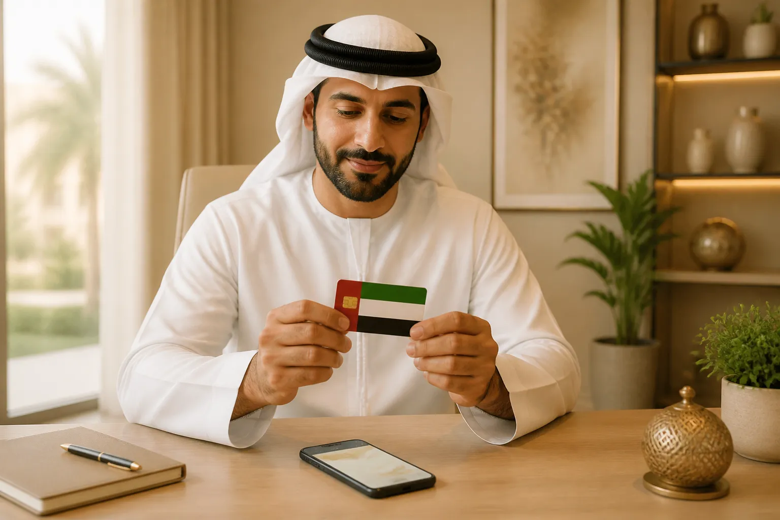 UAE resident holding a bank card, checking car finance eligibility
